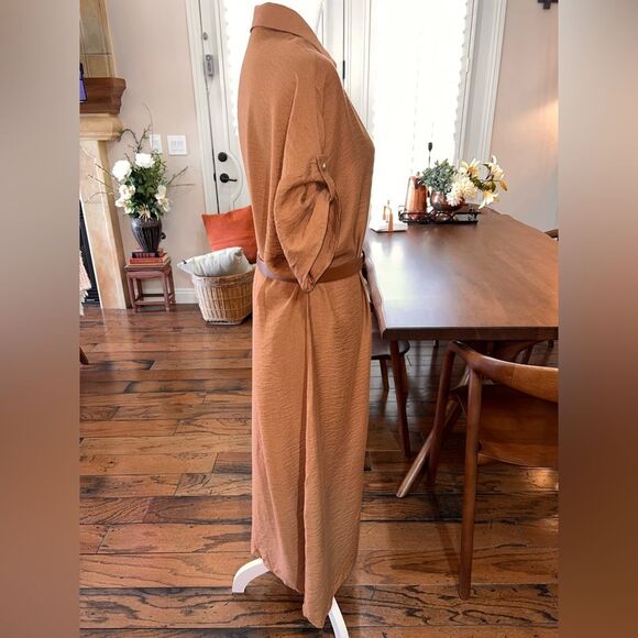 ZARA Textured Maxi Shirt Dress Belted Gold Button Light Brown Size XL NWT - Picture 6 of 13